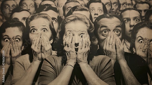 Vintage crowd with shocked expressions covering mouths.