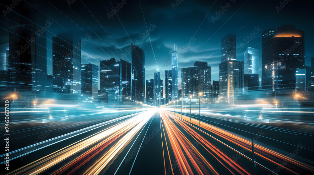 Big city skyline and traffic lights blur motion, skyscrapers and highway light tracks during rush hour