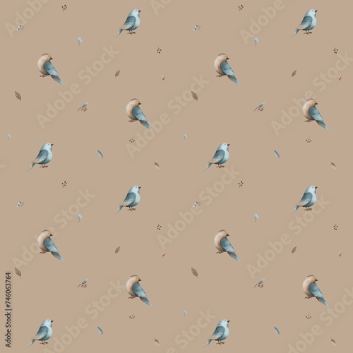 watercolor vintage blue beige birds with floral element seamless pattern 