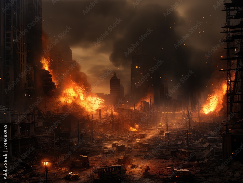 Collapsing Skyscrapers, Apocalyptic Scene, Fire Explosions in Modern City Center, Bomb Destruction