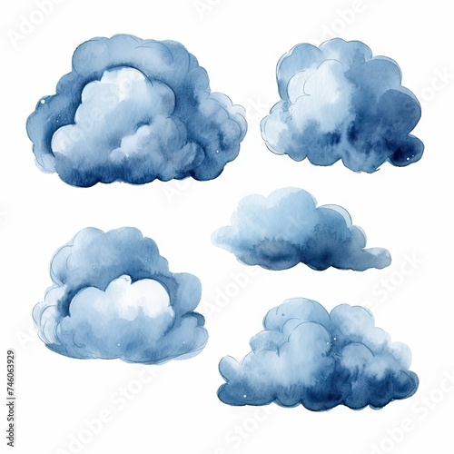 Watercolor Cloud Set Isolated, Aquarelle Clouds, Creative Watercolor Blue Sky, Rainy Snow Weather