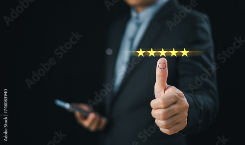 Customer satisfaction survey concept. Five-star service experience rate online application. Employee wellbeing happy health, smile relax face, satisfaction feedback review. Rate 5-star satisfaction. photo