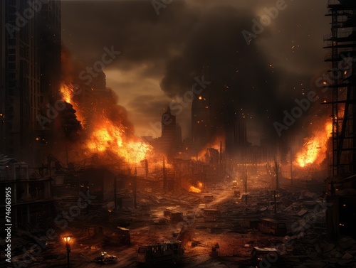 Collapsing Skyscrapers, Apocalyptic Scene, Fire Explosions in Modern City Center, Bomb Destruction