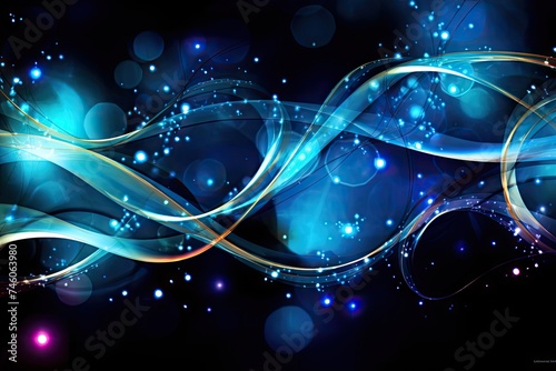 Bright Blue Lights Texture Background, Colorful Swirls on Dark, Glittery and Shiny Lines Pattern