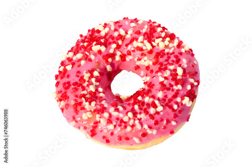 Donut with colorful sprinkles  multi-colored glaze chocolate isolated on white background Sweet colored donut pink glaze red white sprinkles Dessert Top view Close up