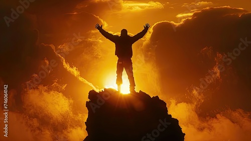 Silhouette of a person with arms raised against sunset clouds.