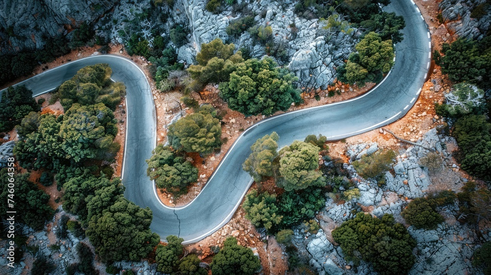 Aerial view of a serpentine road winding through a rocky landscape with trees.