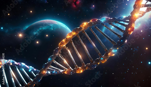 DNA double helix structure, genetic code on blurred space galaxy background.Evolution,gene sequencing science concept.Generative AI. © svf74