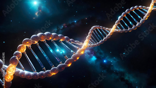 DNA double helix structure, genetic code on blurred space galaxy background.Evolution,gene sequencing science concept.Generative AI.