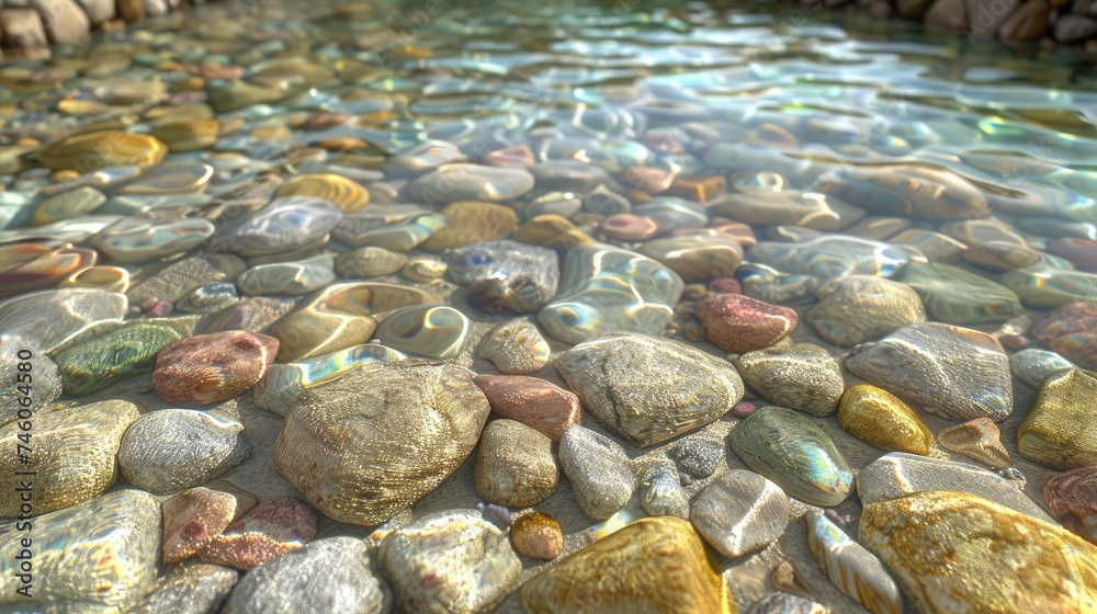 Sunlight dancing on a pebbled riverbed through clear water.