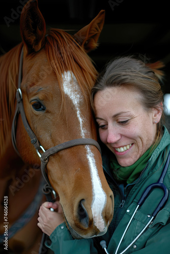 Veterinarian affectionately interacting with a chestnut horse.