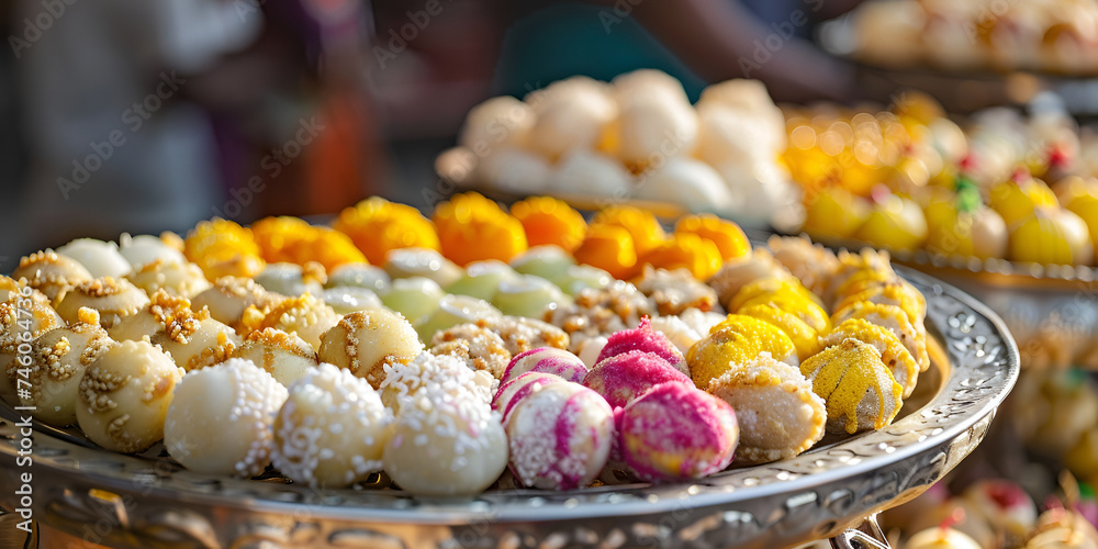 Sweets in bakery on blur background,