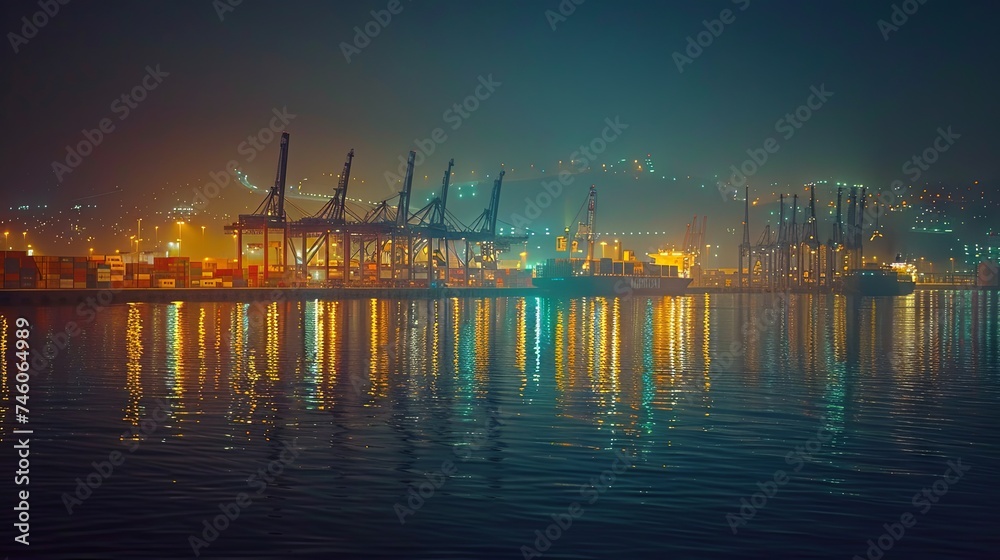 Fototapeta premium View of a bustling cargo port with container ships and cranes, reflecting lights on water.