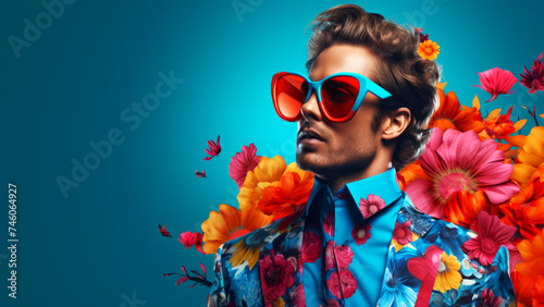 Handsome man portrait in blue jacket and sunglasses on bold blooming floral abstract background in pop art style with copy space for text. Contemporary fashion concept
