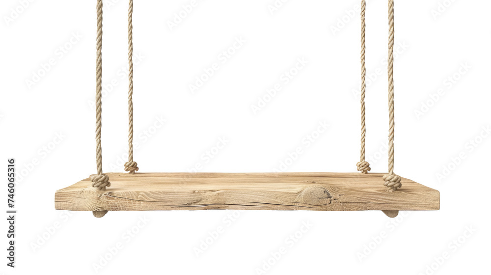 empty wooden shelf hanging on rope on transparent