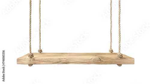 empty wooden shelf hanging on rope on transparent