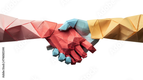 Origami style. Businessman handshake, Business partnership, together, volunteering and helping concept. On transparent background
