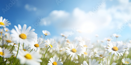 Cloudy blue sky landscape and daisy spring flowers background 