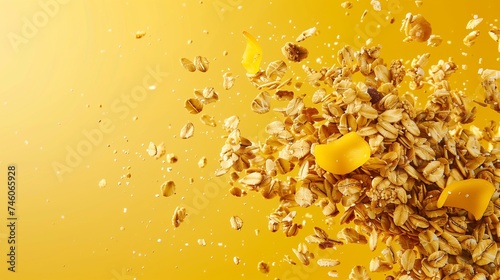 explosion of homemade granola with oat on yellow background photo