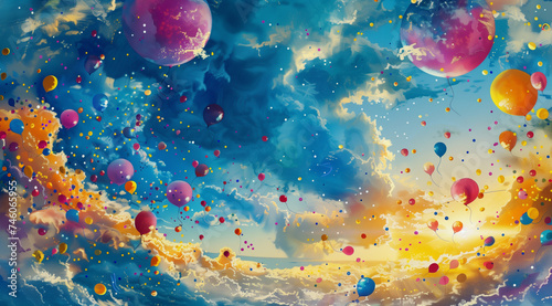 colorful balloons are floating in the sky  in the style of layered brushstrokes