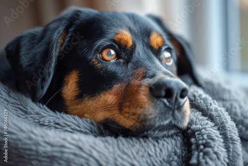 Close-up portrait of a Rottweiler dog looking away pensively, with detailed fur texture and expressive eyes