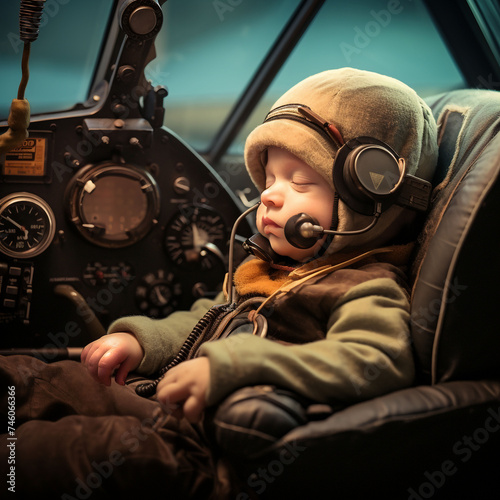 A sleepy newborn baby falling asleep in the cockpit of an airplane with a headset on