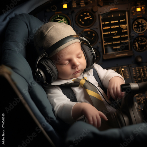 Baby dreaming of his future job as a pilot, falling asleep in the cockpit of the airplane