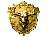 Ornate gold shield with a bull's head, isolated on transparent background	