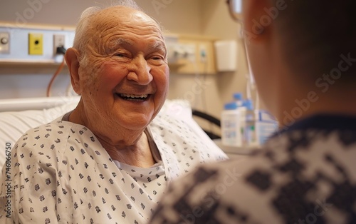 An elderly man's face lights up with a joyful smile as he interacts with a visitor in a hospital room, his eyes reflecting contentment and comfort despite the clinical surroundings.