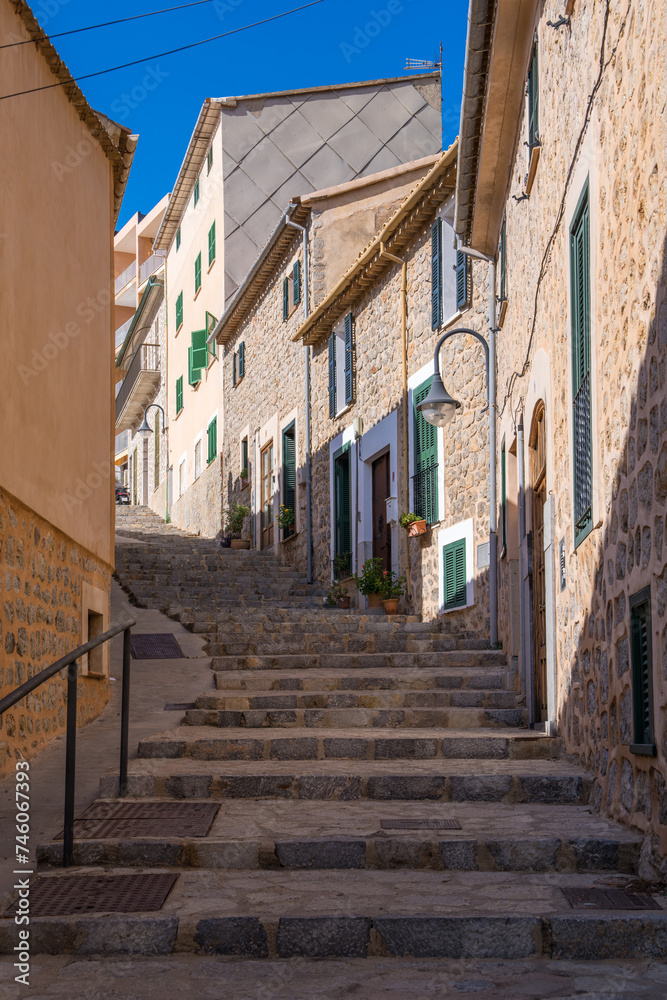 .Cozy street with steps in the town of Port de Soller, Mallorca, Majorka, Balearic Islands, Spain