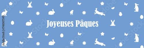 Bannière bleue joyeuse pâques lapin œuf et poules photo