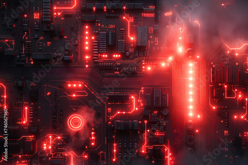 Neon red circuit board with futuristic technology design