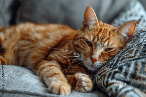 A warm and content ginger cat sleeps soundly on a soft couch, embodying coziness and peace