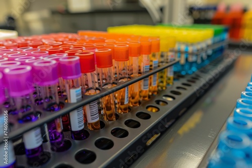 Rainbow Laboratory Test Tubes, Blurred Background, Color Laboratory Test Tubes on Rack, Research Lab