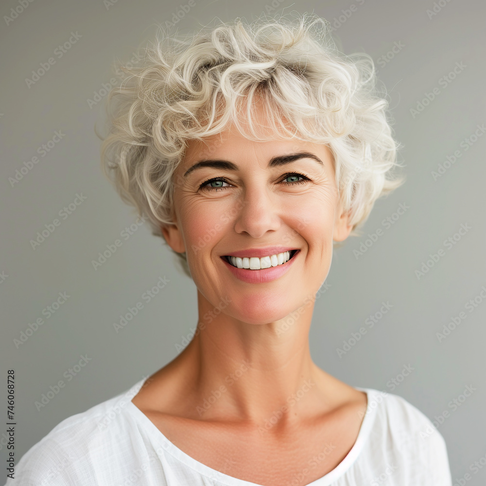 Caucasian middle aged woman smiling with a white background, Perfect skin Caucasian middle aged woman smiling with a white background, Perfect skin