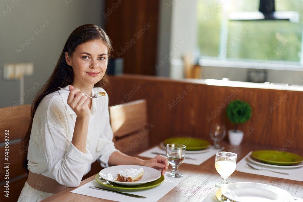 Romantic Woman Enjoying Homemade Dinner with Cake, Wine, and Ecstatic Joy at Dining Table Experience the perfect Valentine's Day celebration with this beautiful, trendy image Capturing the essence of Romantic Woman Enjoying Homemade Dinner with Cake, Wine, and Ecstatic Joy at Dining Table Experience the perfect Valentine's Day celebration with this beautiful, trendy image Capturing the essence of