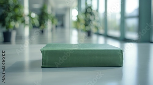 A green book on a white table shows green business education, with a blurred academic backdrop.