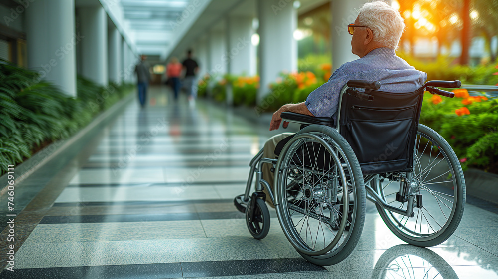 Obraz premium senior in wheelchair, middle aged handicapped man, hospital disabled man