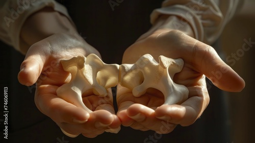 A pair of hands symmetrically cradling an artificial joint  highlighting orthopedics and prosthetics against a shadowy  unfocused background.