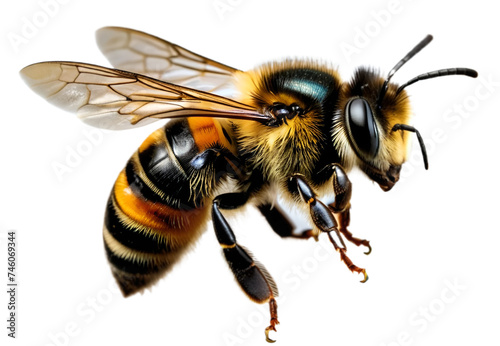 a stunning bee is flying, isolated on transparent background, macro, incredible pollinator, © design