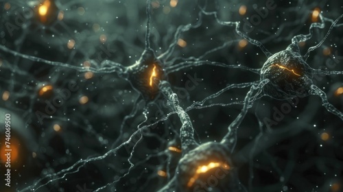 Glowing synapses firing in a detailed neural network, set against the shadowy depths of neurological research © Kanisorn