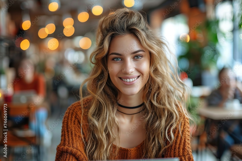 A cheerful, young woman with curly blonde hair smiles warmly in a vibrant cafe setting