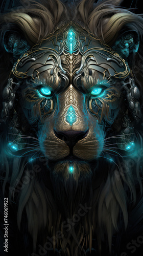 Head of a magical Lion on a dark background.