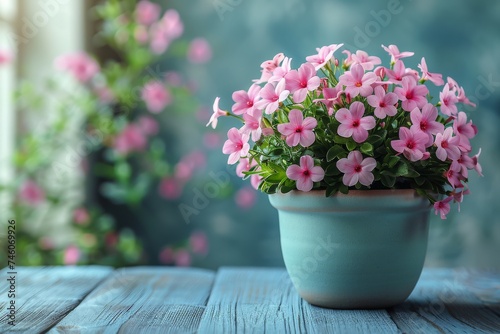 Beautiful pink Impatiens flowers in a soft blue clay pot against a tranquil backdrop