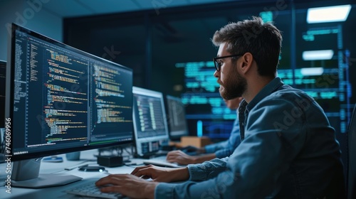 A software developer is engrossed in writing code on dual monitors, indicative of the concentration required in software engineering. AIG41