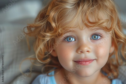 A cute child with curly blonde hair gives a cheerful, bright-eyed look, radiating joy and simplicity