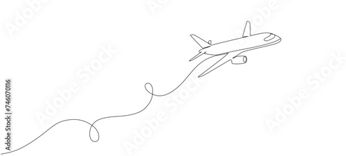 Suitcase and airplane drawn with one editable line. Continuous single line drawing on travel theme. Vacation concept, air travel with luggage. Banner on the theme of traveling. Vector illustration