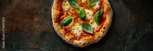 Top view of Delicious italian pizza on dark table with space for text