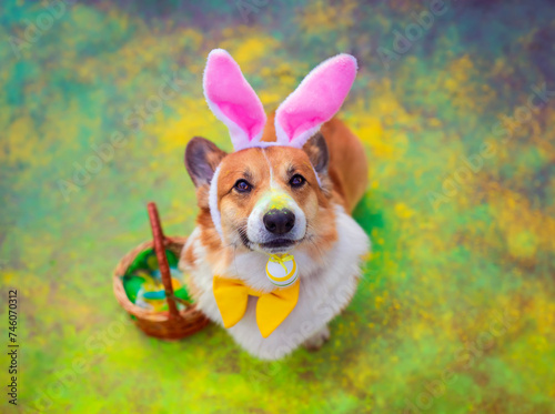 charming corgi dog puppy sitting in the spring Easter garden sprinkled with H...