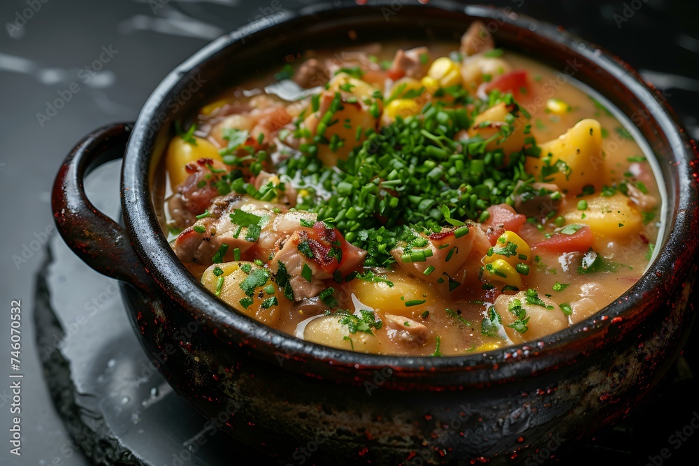 Puchero on a black background top view Argentinian Cuisine. Concept Food Photography, Fine Dining, Argentine Cuisine, Top View, Black Background Puchero on a black background top view Argentinian Cuisine. Concept Food Photography, Fine Dining, Argentine Cuisine, Top View, Black Background